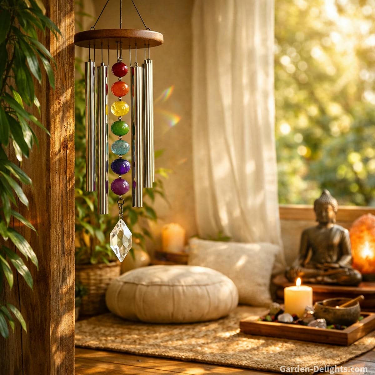 Chakra wind chimes hanging in warm morning light beside a meditation corner where soft airflow supports grounding energy intuitive clarity and balanced chakra tone for emotional healing