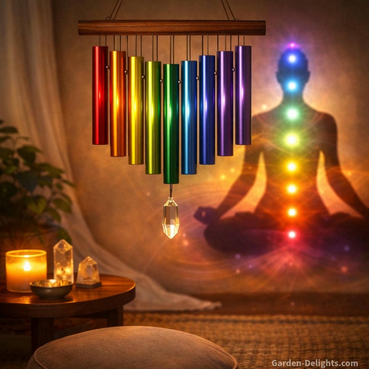 Chakra wind chimes arranged by musical tone showing how body centered vibration gentle resonance and energetic harmony support emotional healing in meditation spaces