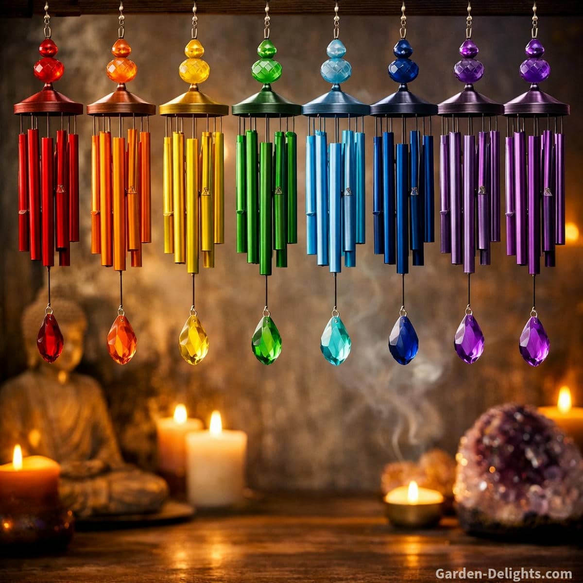 Seven chakra wind chimes arranged from red to violet with each color glowing in soft light that supports emotional balance aura harmony and gentle vibration in a peaceful meditation space