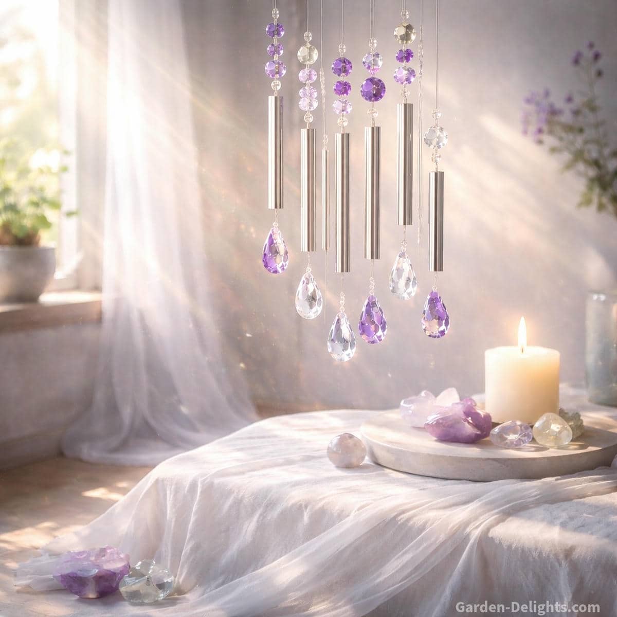 Crown chakra wind chime with violet crystals and bright tuned rods glowing in soft white light to support spiritual connection higher consciousness peaceful meditation and gentle awakening energy