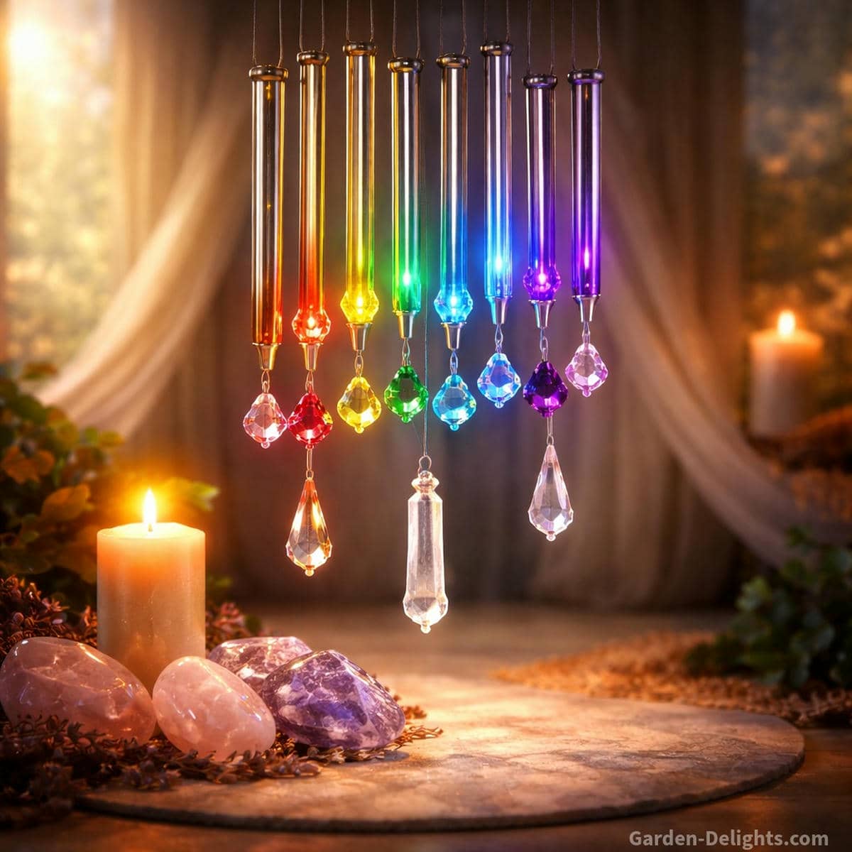 Chakra wind chimes glowing in soft meditation light with rose quartz and amethyst crystals that show how each chakra color and frequency supports emotional balance calm breath and gentle energy flow