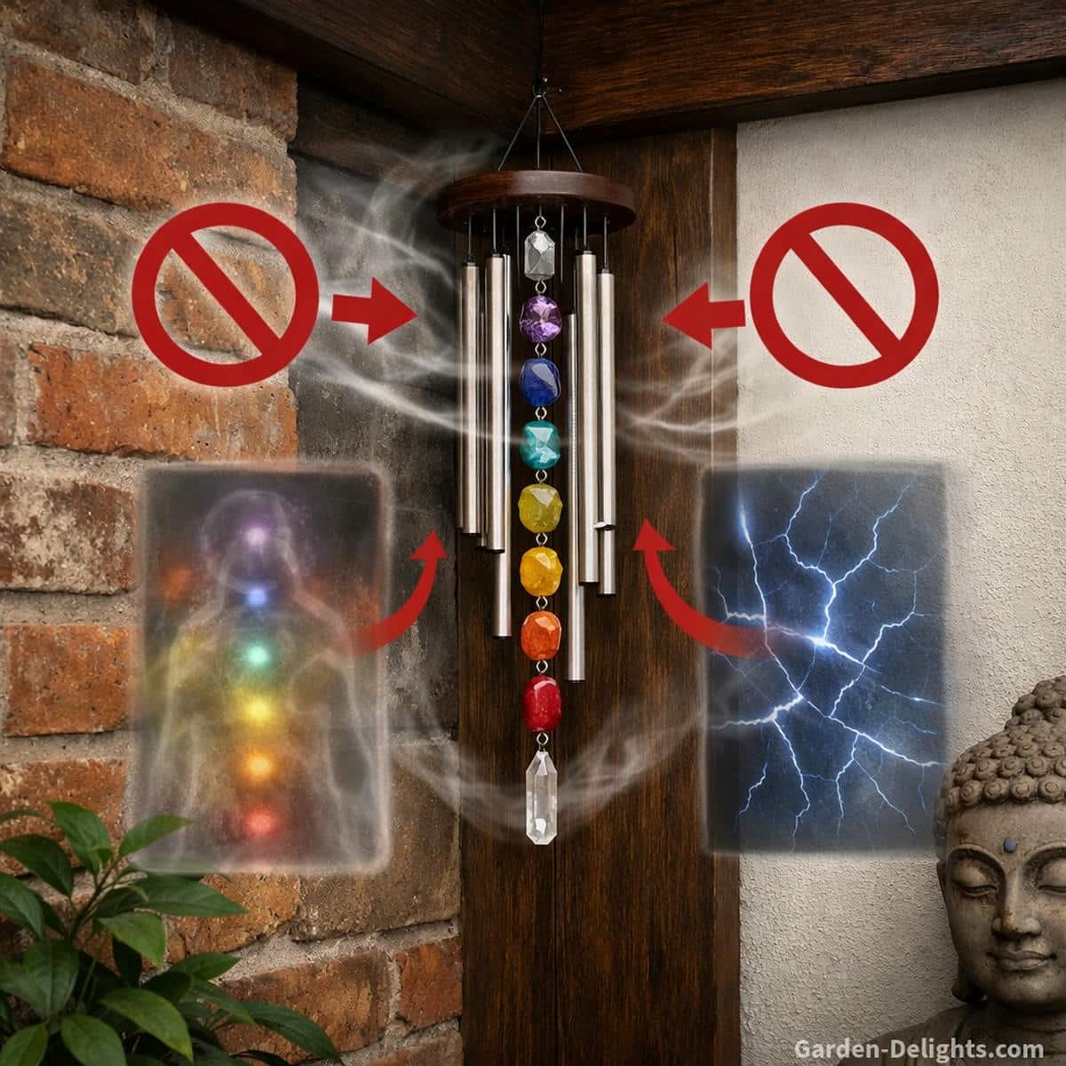 Chakra wind chimes placed in blocked airflow pockets showing weakened chakra resonance disrupted vibrational pathways and reduced healing frequency flow that limits aura cleansing and balanced Chi movement