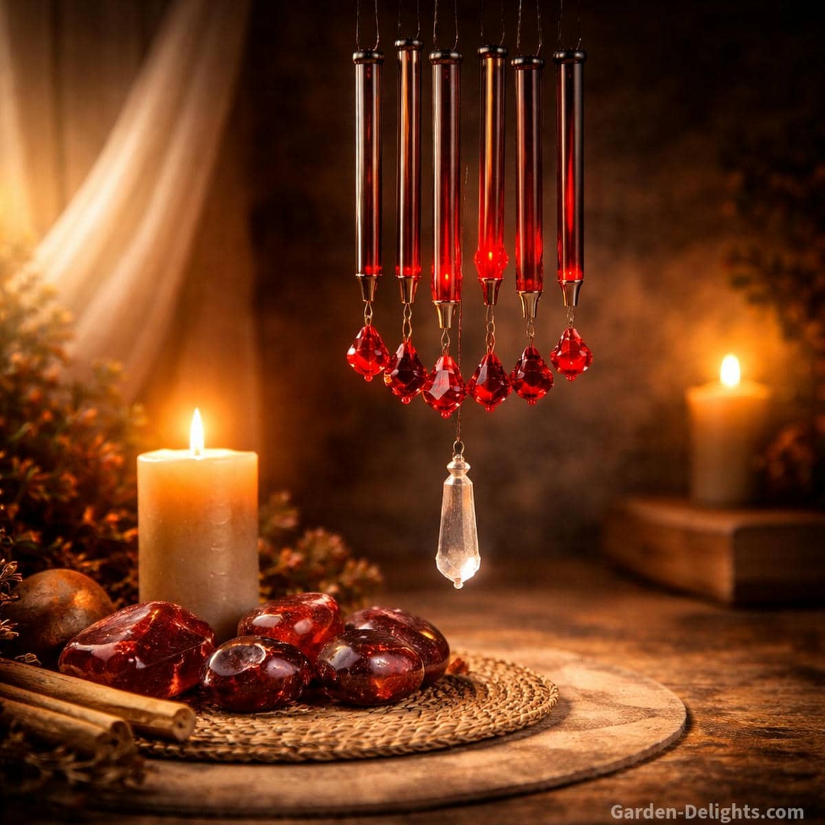 Root chakra wind chime with red crystals and deep toned metal rods creating grounding energy alignment for meditation and emotional stability