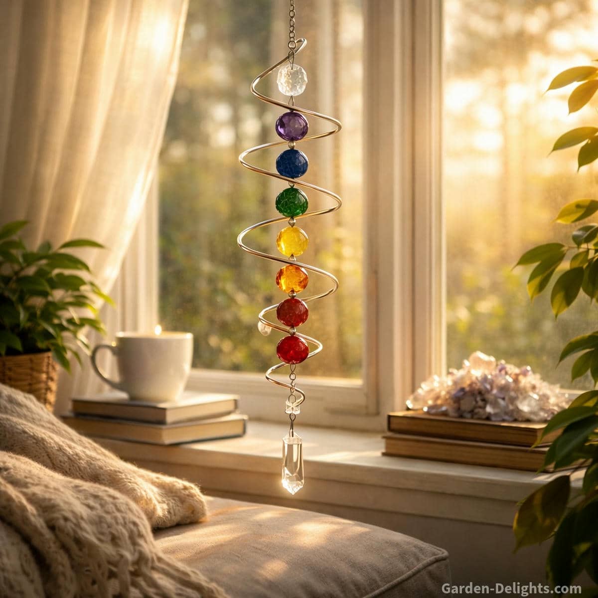 Spiral chakra wind chime with rainbow crystal gemstones and a faceted prism hanging beside a sunrise window where warm golden light flows through sheer curtains and gentle morning airflow supports emotional healing, chakra balance, and calm meditation.