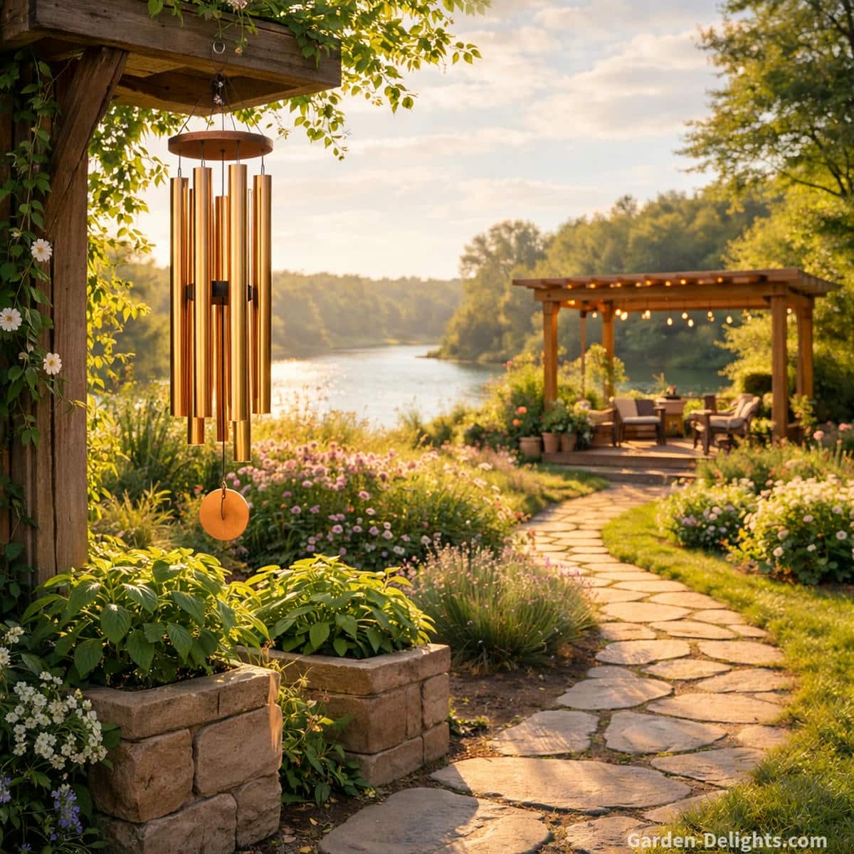 Copper wind chimes hanging from a tall wooden arbor beside stone planters with a bright garden pathway curving toward a warm pergola and a sparkling lake that creates calm uplifting energy and peaceful outdoor inspiration
