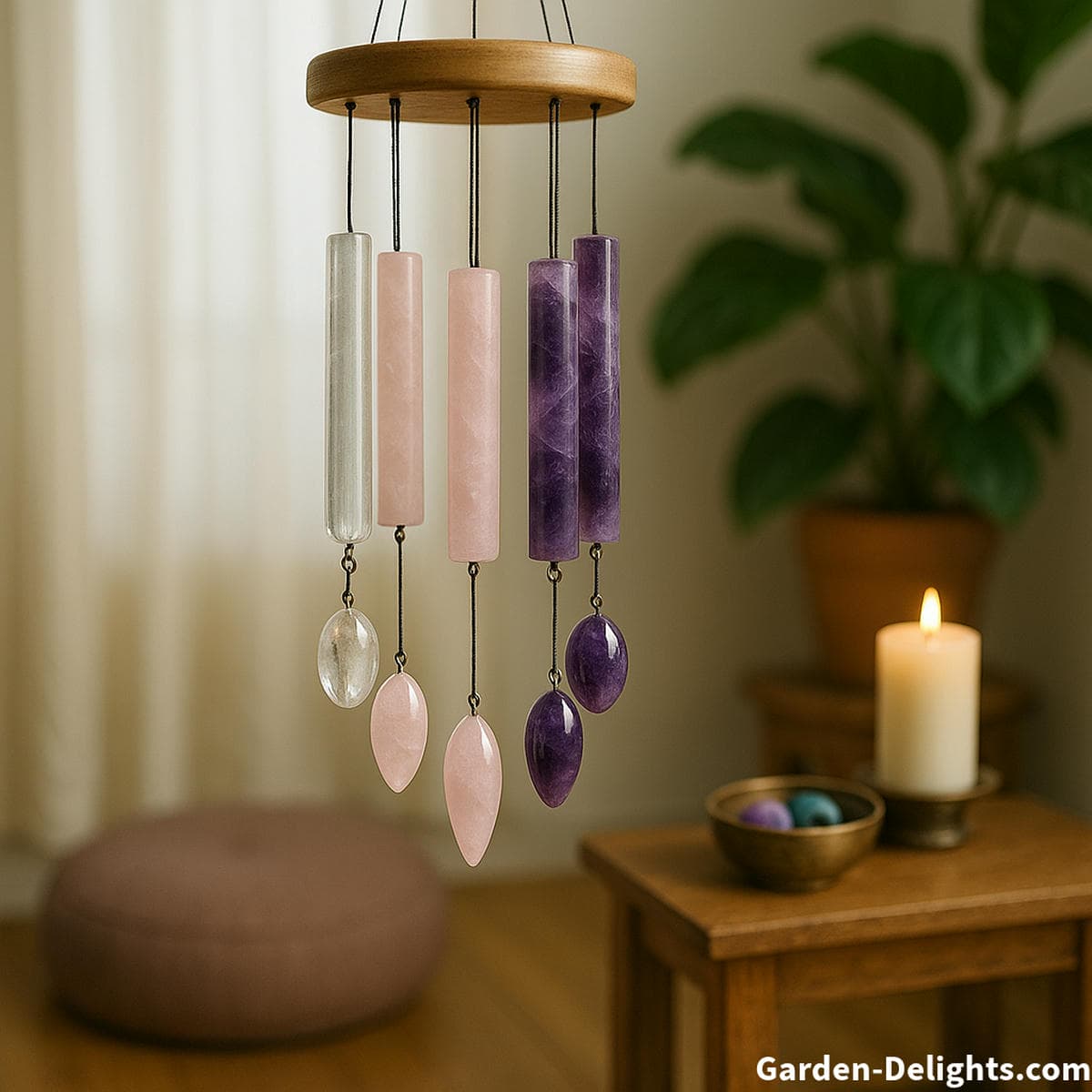 Crystal healing wind chimes made of rose quartz and amethyst hanging near a tranquil indoor altar where gentle sound and soft gemstone energy support emotional clarity spiritual healing and calm focus