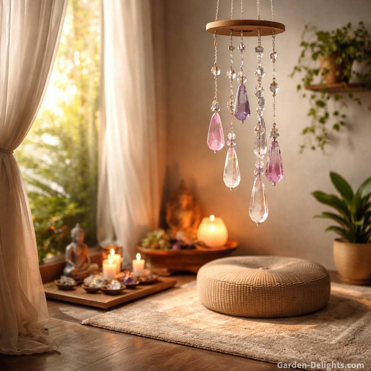 Crystal wind chimes hanging near a soft lit meditation corner with gentle airflow warm natural light and peaceful gemstone resonance supporting Chi flow emotional clarity and spiritual grounding