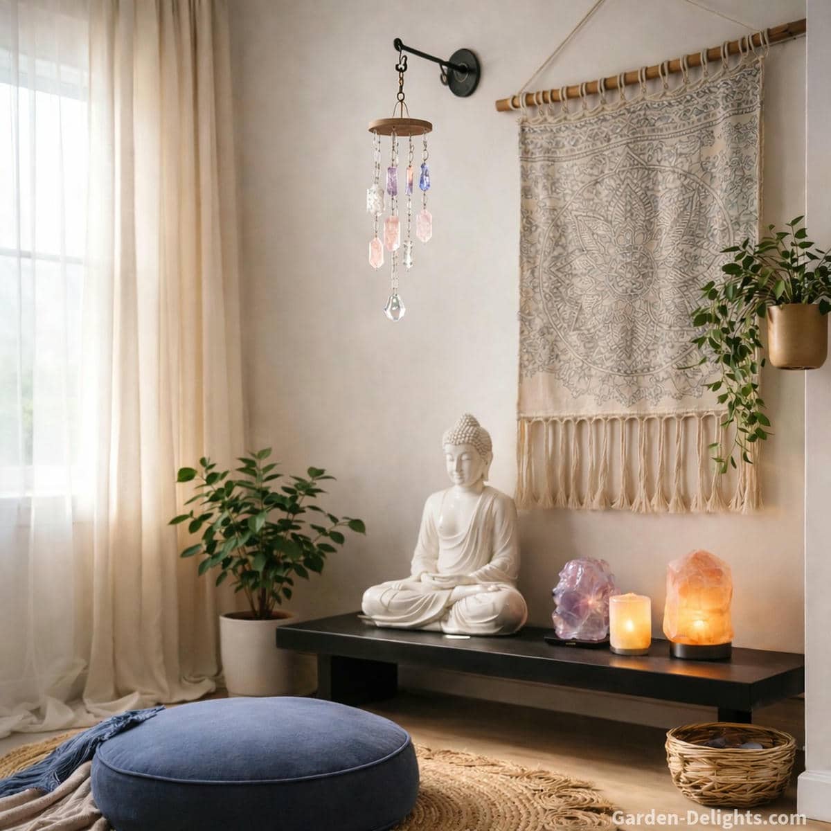 Crystal wind chimes featuring rose quartz amethyst and clear quartz hanging beside a serene meditation nook with beige curtains a dark blue floor cushion a light grey tapestry and a white statue creating gentle airflow emotional clarity and peaceful aura cleansing