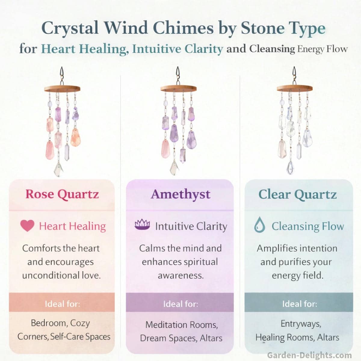 Infographic showing rose quartz amethyst and clear quartz wind chimes with symbolic meanings for heart healing intuitive clarity and bright cleansing flow, designed for meditation rooms and Feng Shui energy balance