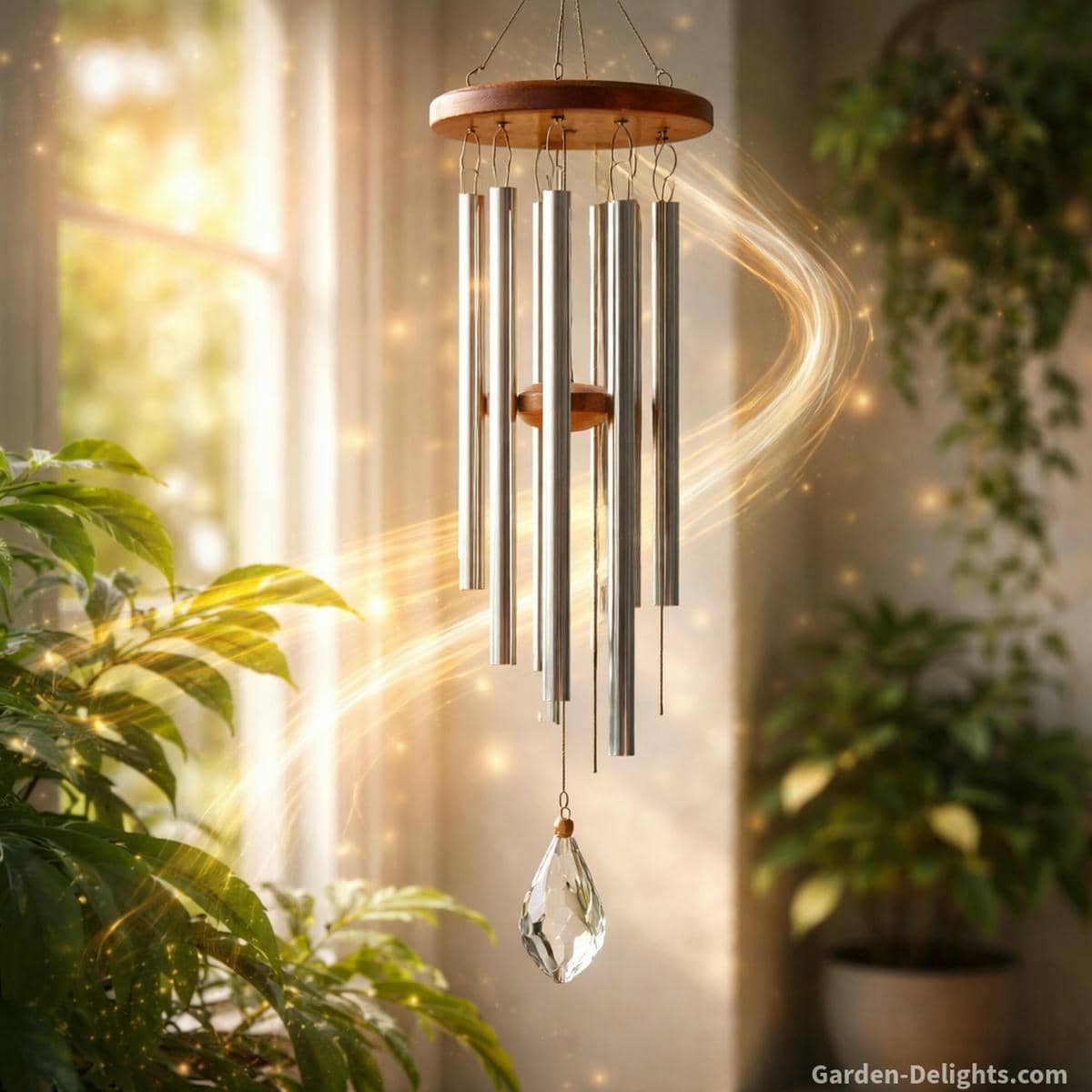 Healing wind chimes in gentle airflow correcting stagnant chi by guiding soft tone flow light based energy movement and calm resonance for emotional clarity and Feng Shui balance