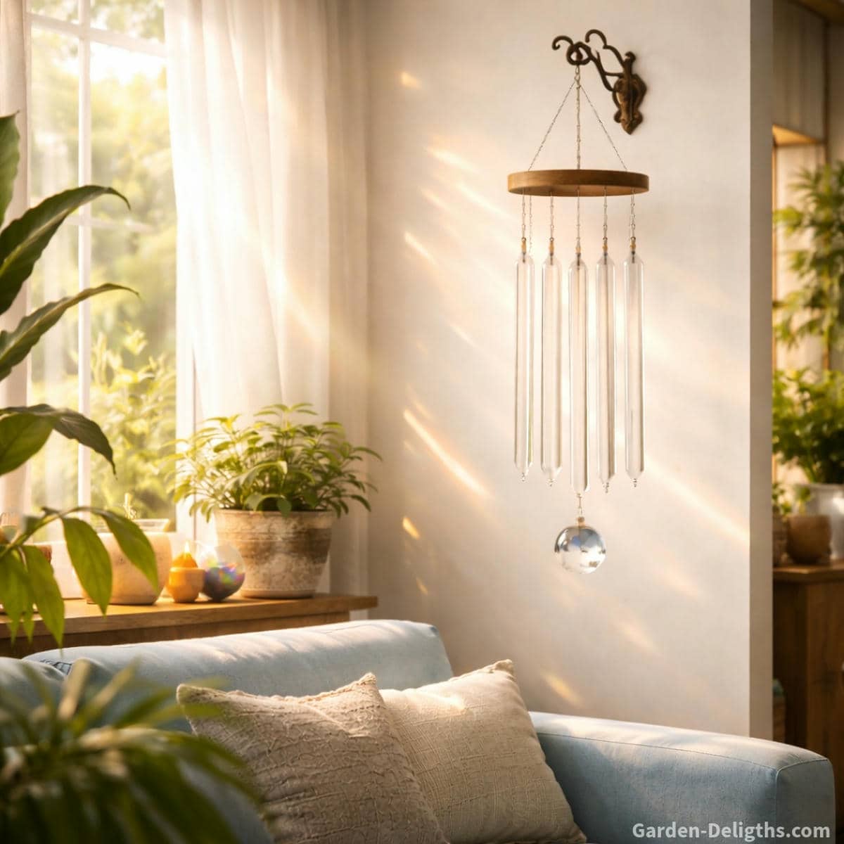 Healing wind chimes creating soft emotional release through gentle airflow warm tone movement and calming vibrational flow with chakra aligned light