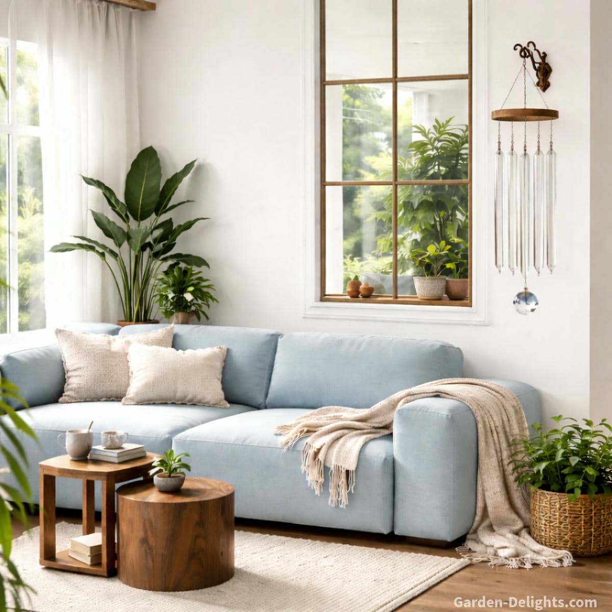 Crystal chakra wind chimes hanging beside a misty blue sofa in a bright indoor Feng Shui living space where soft airflow warm natural light and lush plants guide calm chi movement emotional harmony and intuitive healing