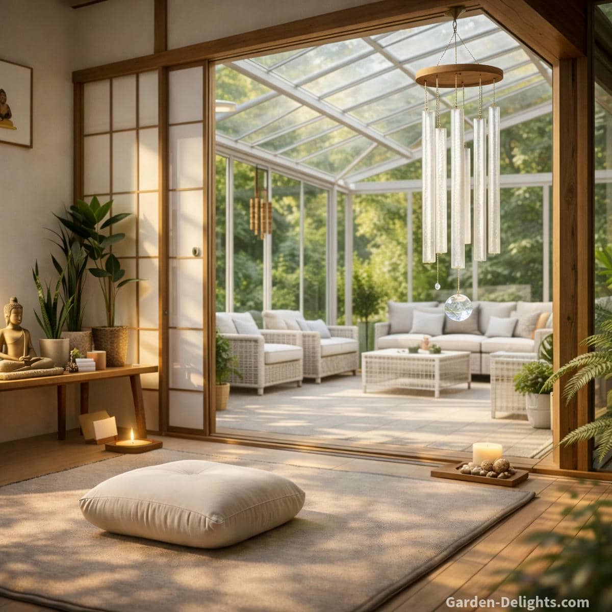 Healing wind chimes in a calm meditation room opening into a bright sunroom with glass roof wicker seating bamboo chimes and warm light guiding emotional release intuitive clarity and balanced Feng Shui chi flow