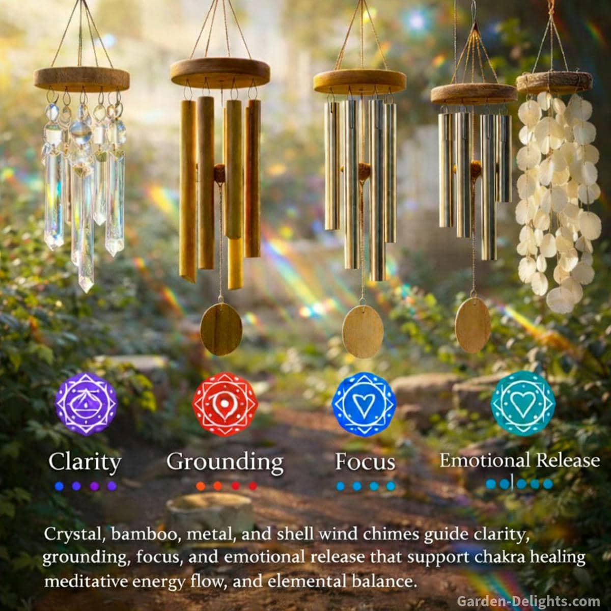 Crystal bamboo metal and shell wind chimes displayed in soft garden light showing how each material shapes chakra healing aura cleansing grounding energy and emotional balance through tone and natural movement