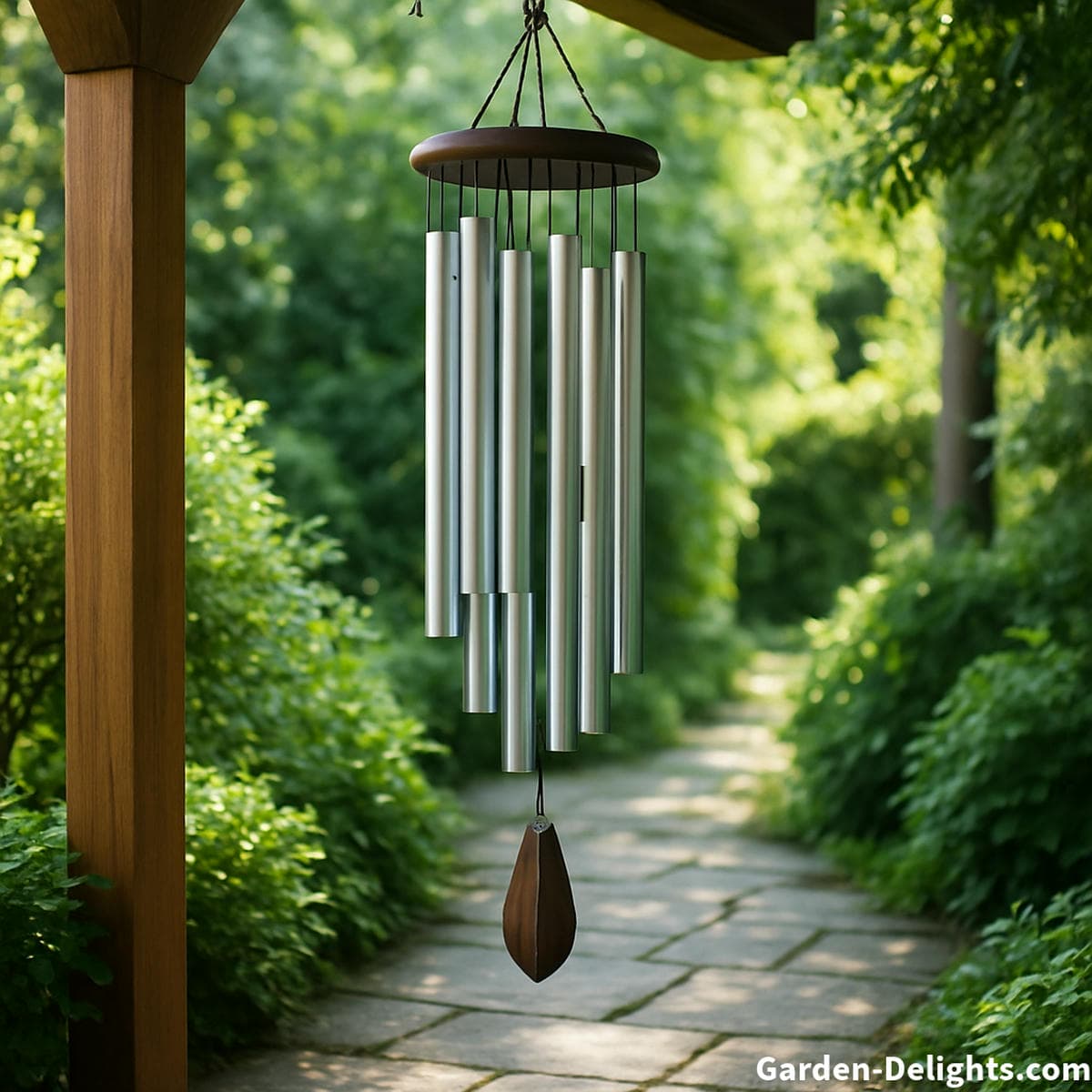 Precision tuned metal wind chimes with aluminum and bronze tubes glowing in soft garden light with a calm energy field