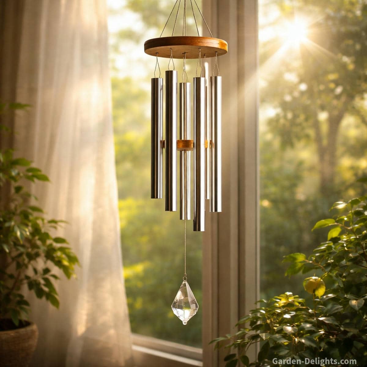 Metal wind chimes in soft morning light where clear tone and steady airflow support chakra focus breath alignment and calm spiritual grounding