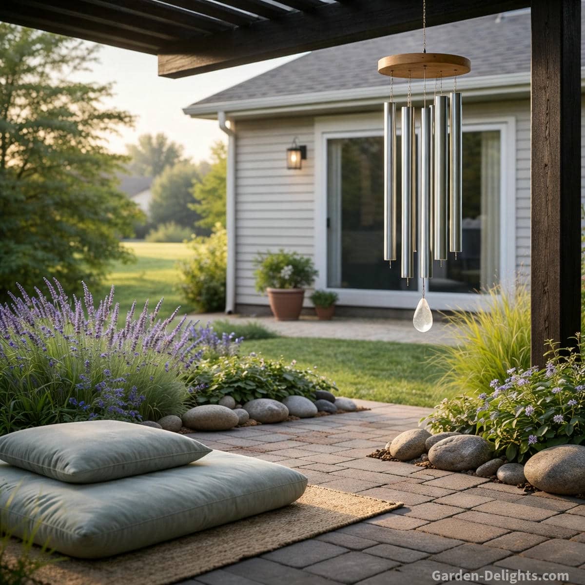 Healing wind chime hanging under a backyard pergola on a quiet morning patio where lavender plants river stones and soft natural light create tone clarity emotional grounding and gentle resonance for daily meditation
