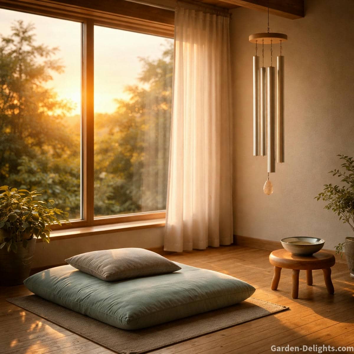 Soft sunset loft with a tuned healing wind chime hanging beside a warm window where golden light falls on a seafoam meditation cushion and creates a peaceful space for frequency based sound healing