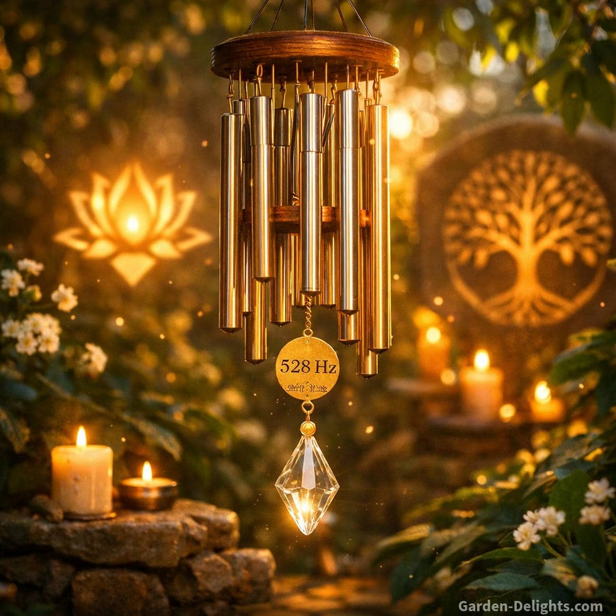 Solfeggio frequency wind chimes glowing with warm golden light in a peaceful healing garden with soft sacred symbols and clear resonant tone that supports vibrational energy flow