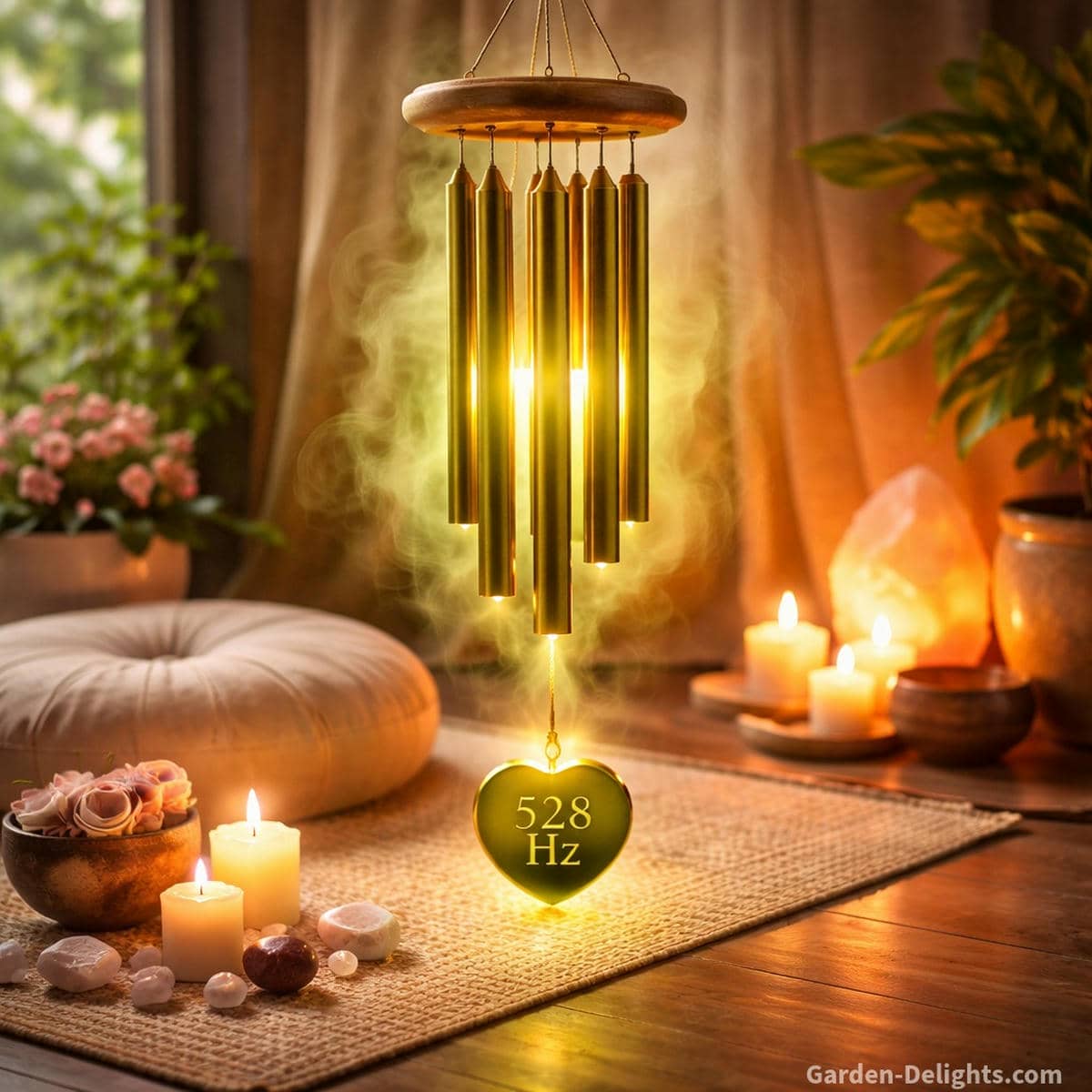 528 Hz Solfeggio wind chime glowing with soft golden green light in a peaceful meditation space where warm resonant tone supports love energy DNA renewal and heart centered transformation