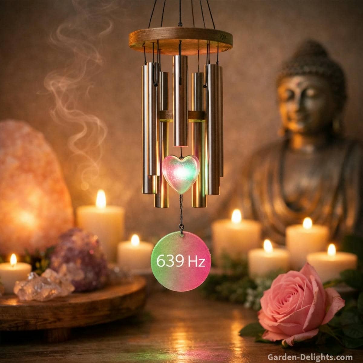 639 Hz Solfeggio wind chime glowing with soft rose and green light above a peaceful space where warm resonant tone nurtures connection forgiveness and emotional harmony