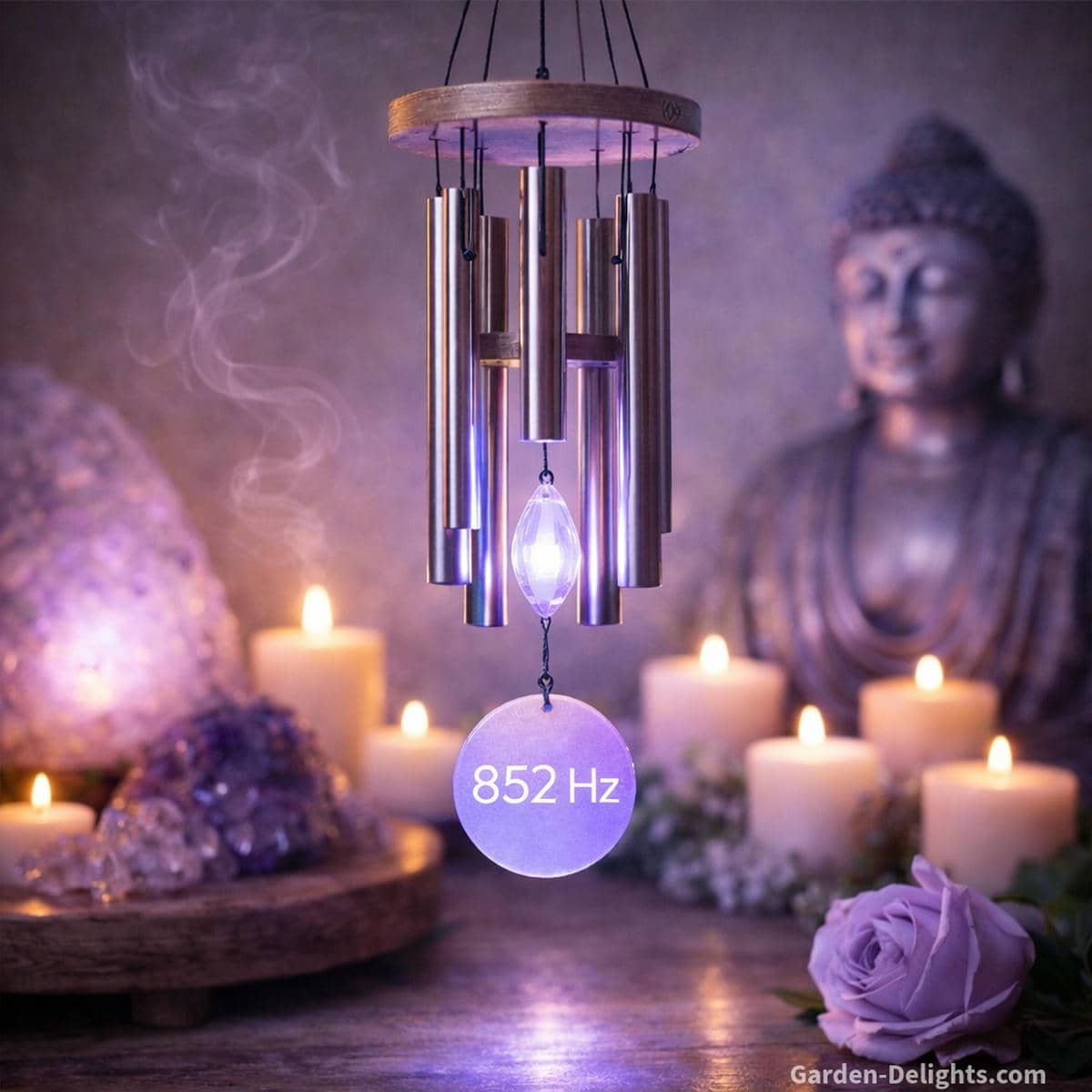 852 Hz Solfeggio wind chime glowing with soft white and violet light in a calm meditation space where the bright clear tone supports higher awareness inner guidance and spiritual awakening