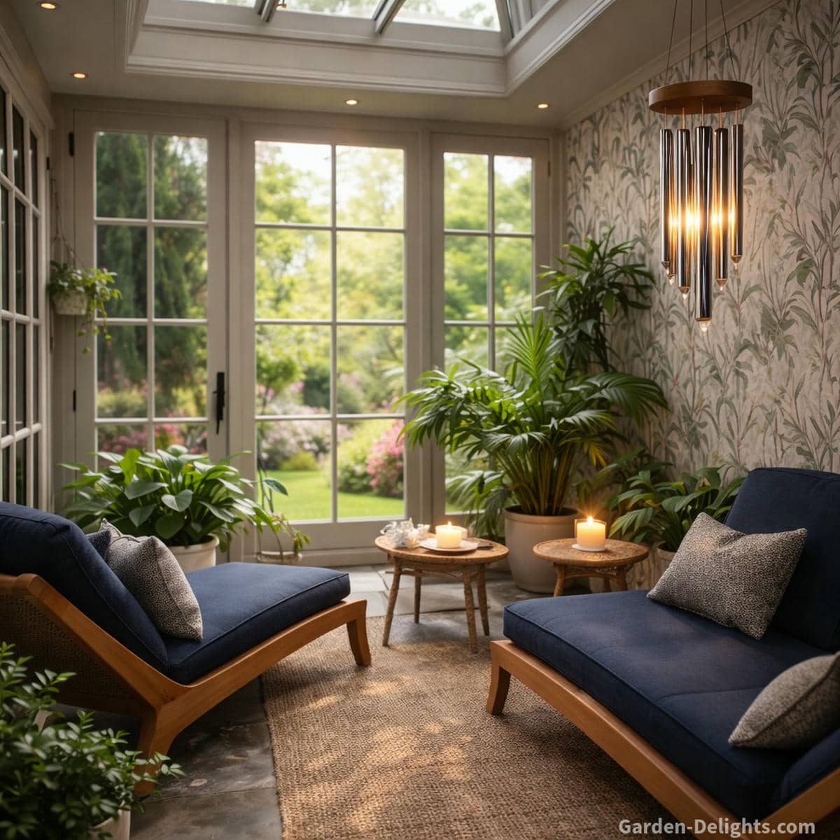 Solfeggio frequency wind chimes hanging softly in the corner of a peaceful sunroom meditation patio with dark blue lounge cushions gray accent pillows lush plants and warm natural light supporting emotional release calm energy flow and vibrational harmony