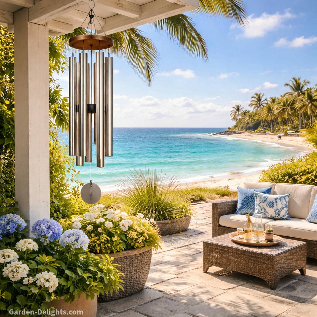 Stainless steel wind chimes with crisp bright harmonics and clean reflective tubes ringing in steady coastal airflow for mental clarity and uplifting energy