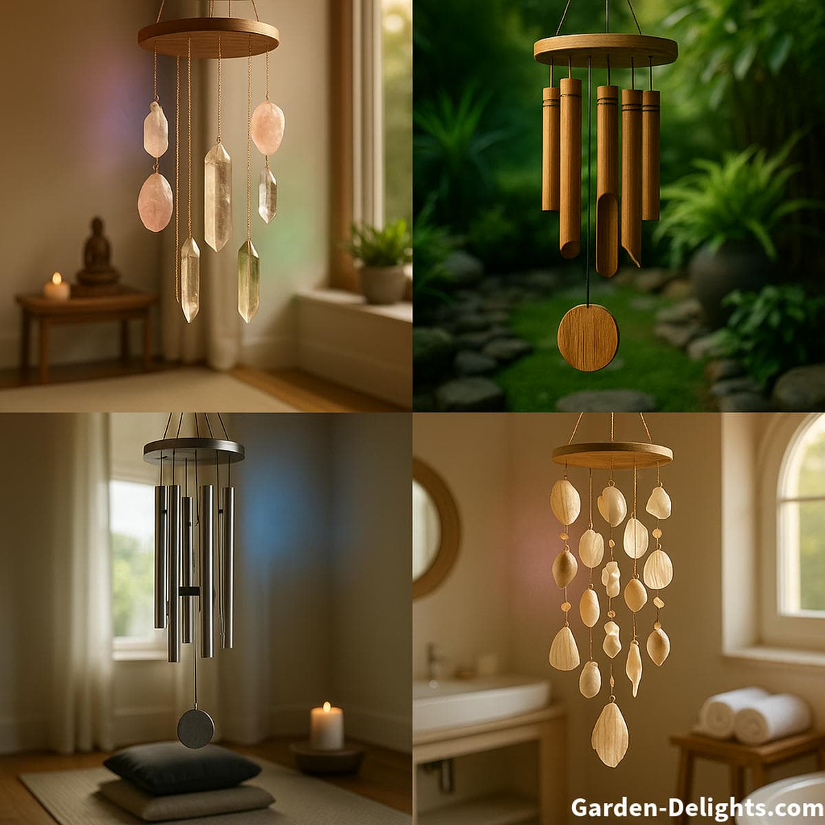 Healing wind chimes crafted from crystal bamboo metal and shell showing chakra energy balance aura cleansing intention setting and spiritual symbolism for meditation and emotional clarity