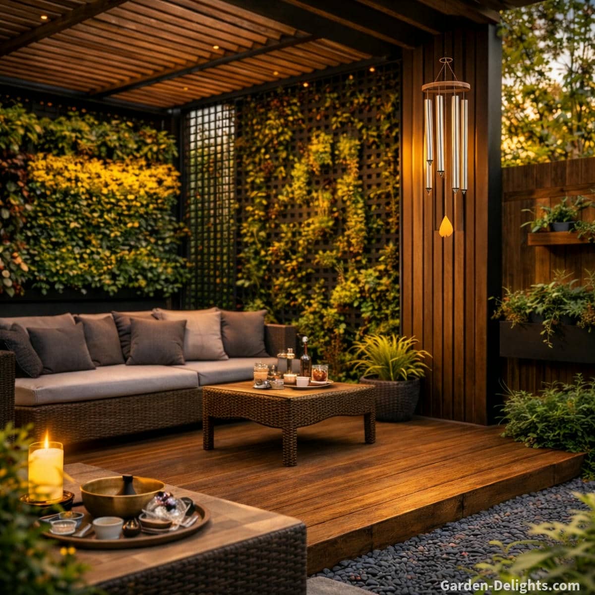 Tuned metal wind chimes hanging high on a modern patio sanctuary wall with warm sunset light wicker seating a wicker coffee table and gentle airflow that creates acoustic clarity emotional grounding and peaceful spiritual energy