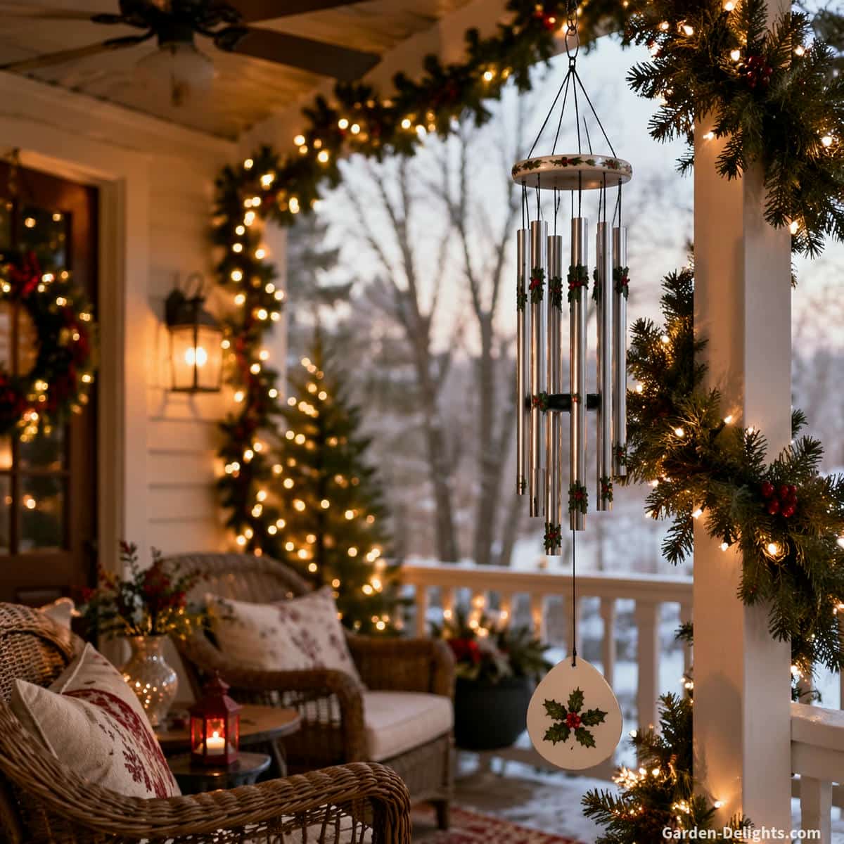 christmas wind chimes hanging on a decorated porch with evergreen garland and warm lights, soft winter airflow creating gentle movement and quiet tone, cozy seating area with peaceful holiday ambiance and calming sound presence in a shared outdoor space
