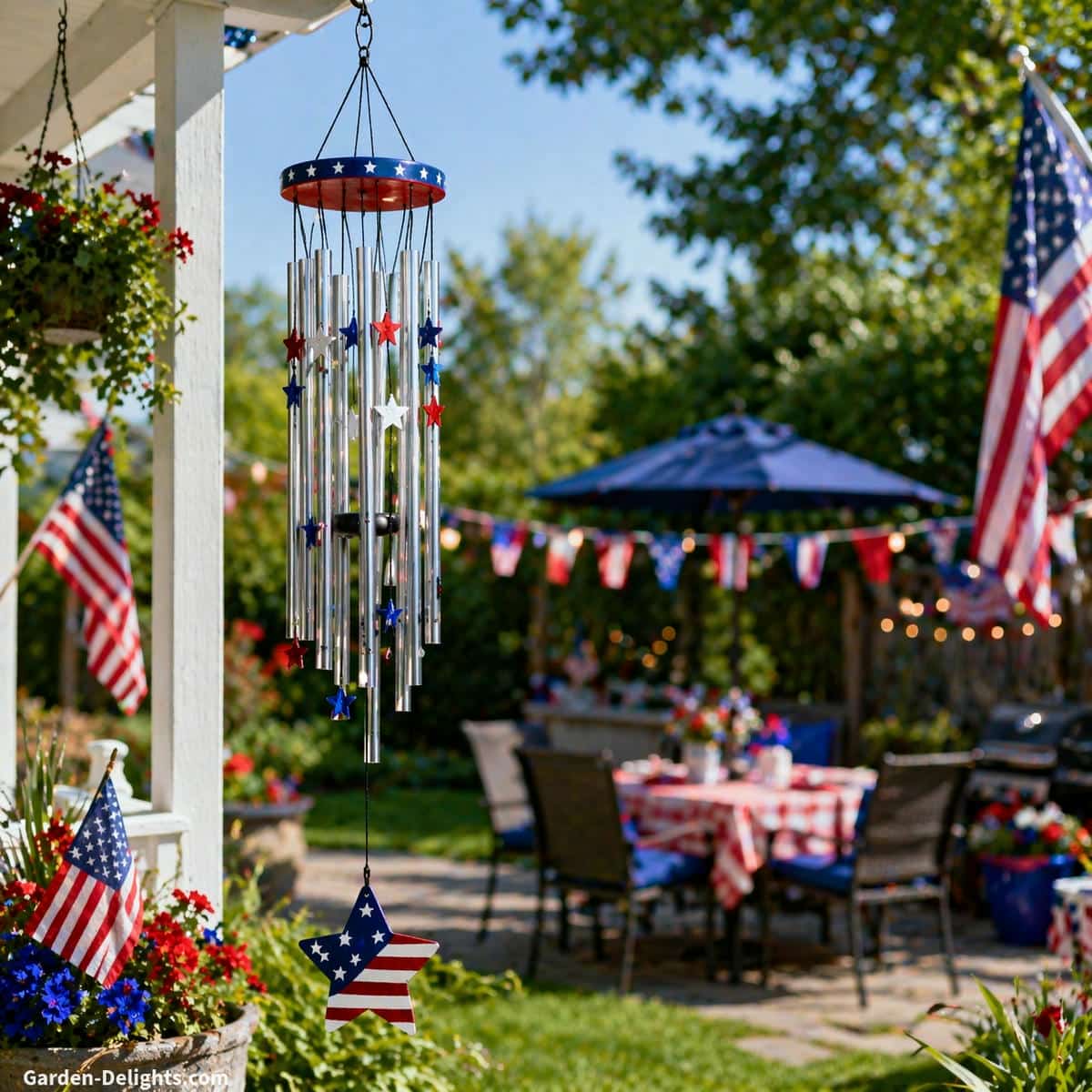 fourth of july wind chimes hanging in an open backyard with red white and blue decor, strong summer airflow creating active movement and bright sound, sunny patio setting with flags and outdoor seating for festive gatherings