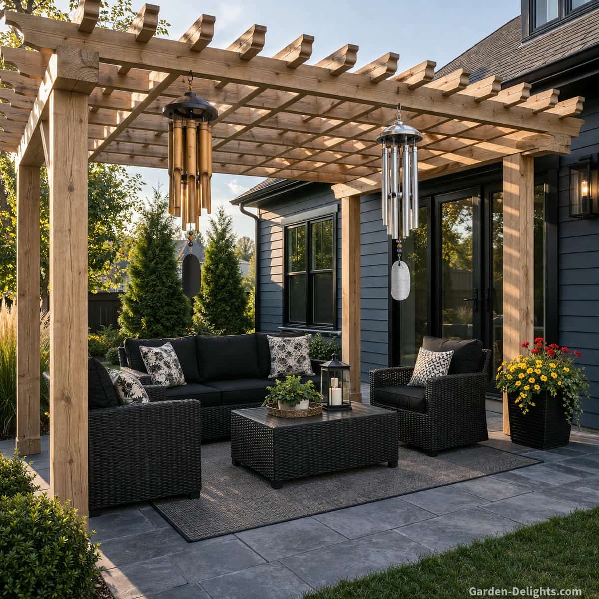 holiday bamboo and aluminum wind chimes hanging from pergola beams above an outdoor seating area with black wicker sofa and chairs, slatted pergola roof filtering airflow to create soft controlled sound and gentle movement, dark blue house with black trim and stone patio enhancing calm relaxing outdoor ambiance