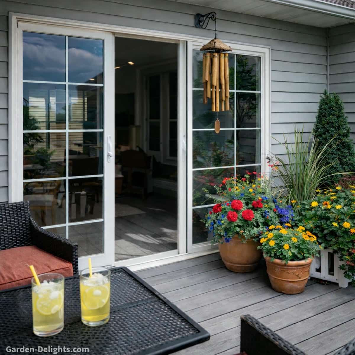 bamboo holiday wind chimes hanging under a patio overhang near a slightly open sliding glass door, controlled airflow moving through the opening creating soft natural sound and gentle movement, grey deck with outdoor seating and refreshing drinks, potted flowers in red orange and blue adding calm relaxing patio ambiance