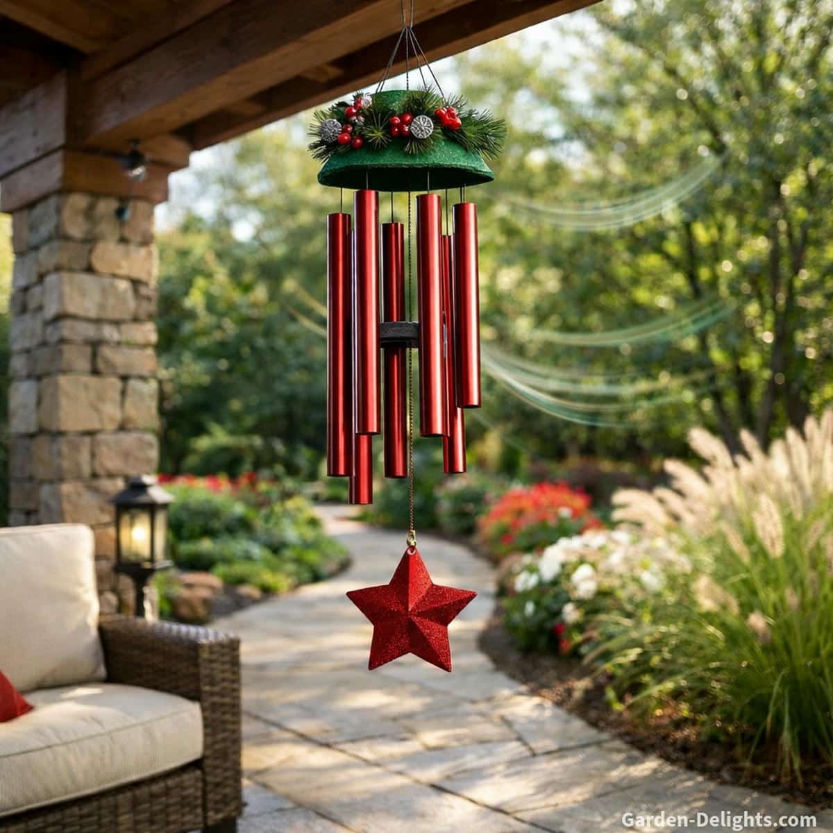 holiday wind chimes placed in open airflow corridor near patio edge and garden pathway with steady breeze creating smooth movement, clear tone projection, and balanced outdoor sound for calm seasonal ambiance