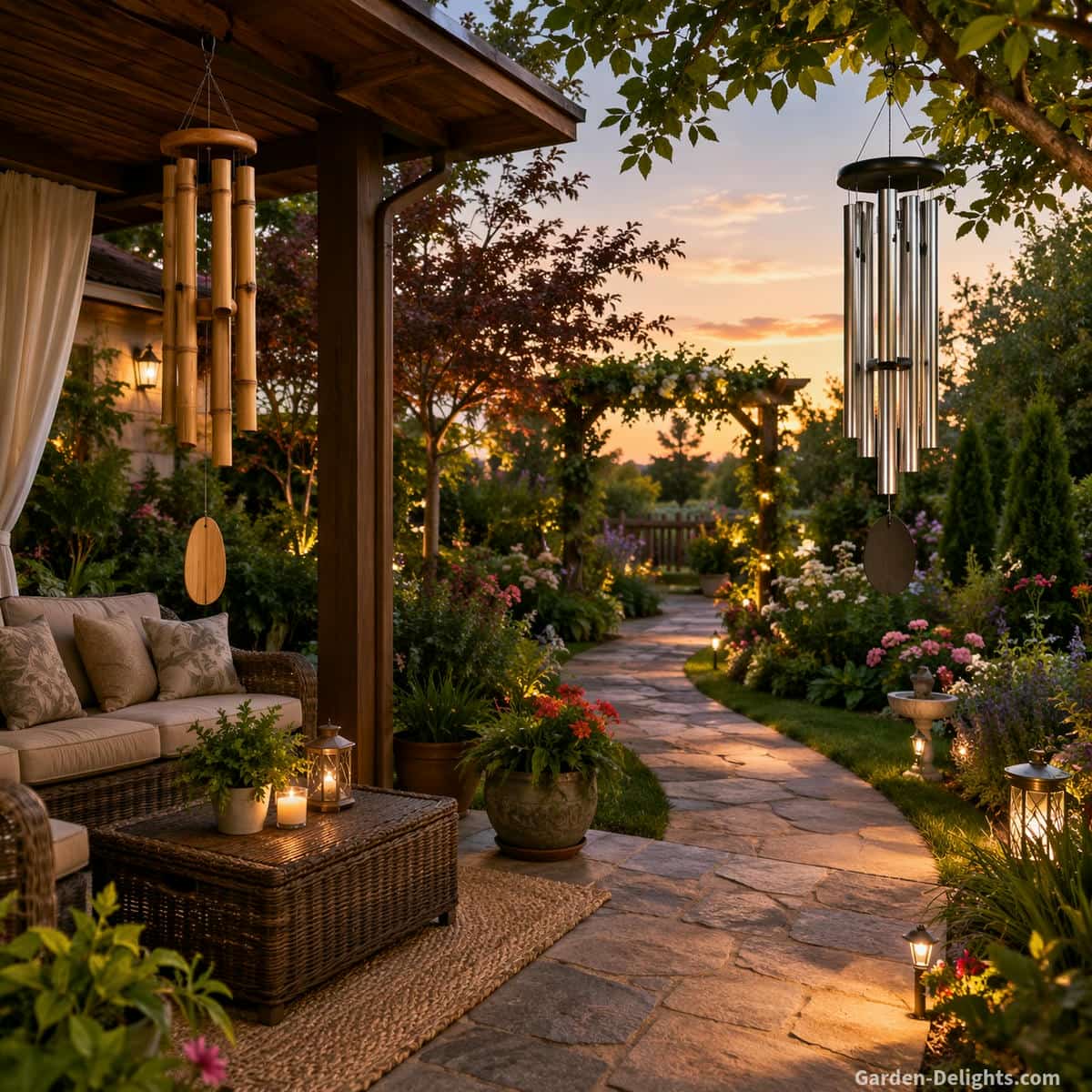 holiday wind chimes decor in a calm outdoor setting showing a transition from a covered patio seating area to an open garden pathway, bamboo wind chimes near seating creating soft quiet sound and aluminum wind chimes in open airflow creating gentle resonance, warm evening light, soft breeze, balanced placement designed for peaceful outdoor ambiance and neighbor friendly sound control