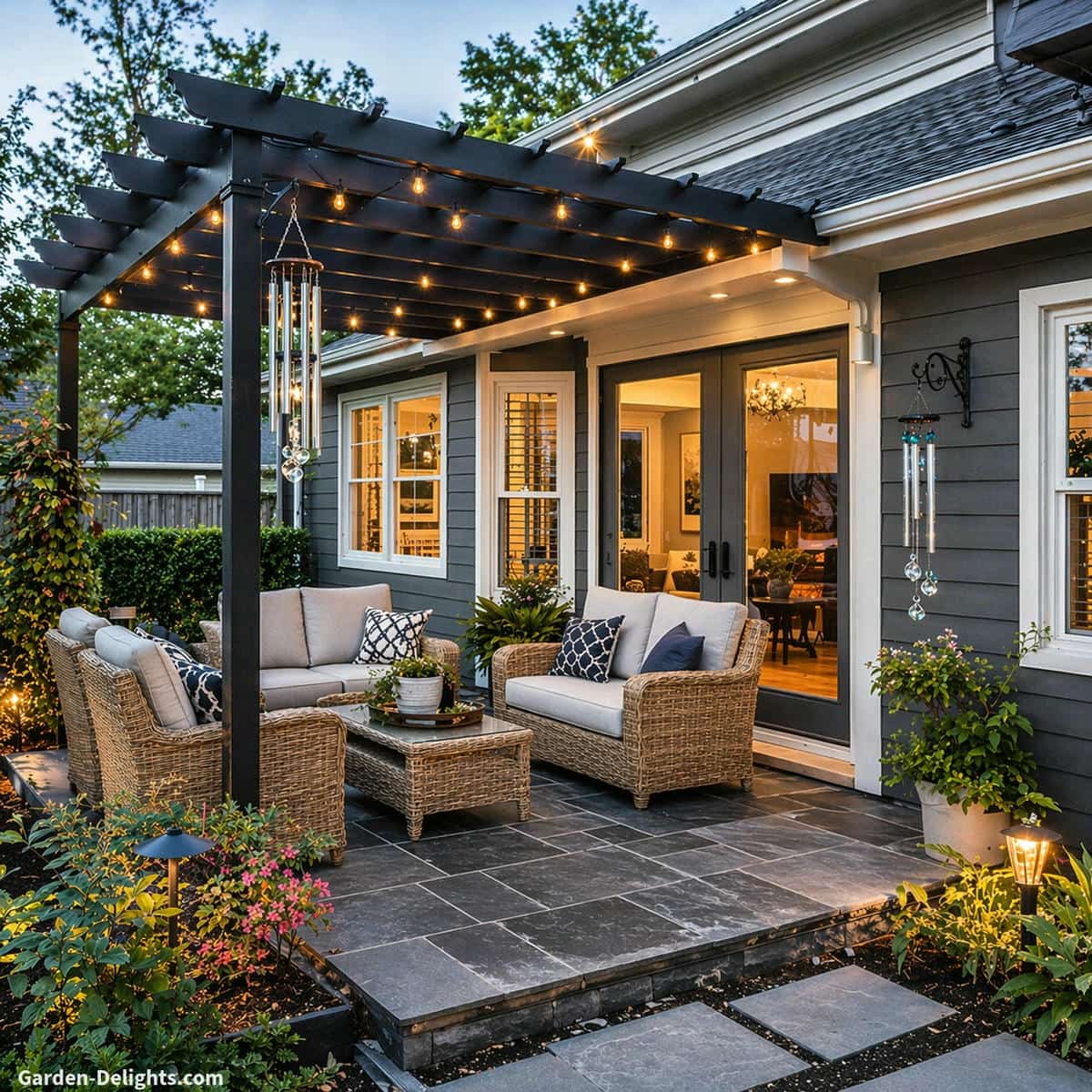 wind chimes with LED and solar lighting reflecting warm glow and creating visible movement and calm patio ambiance