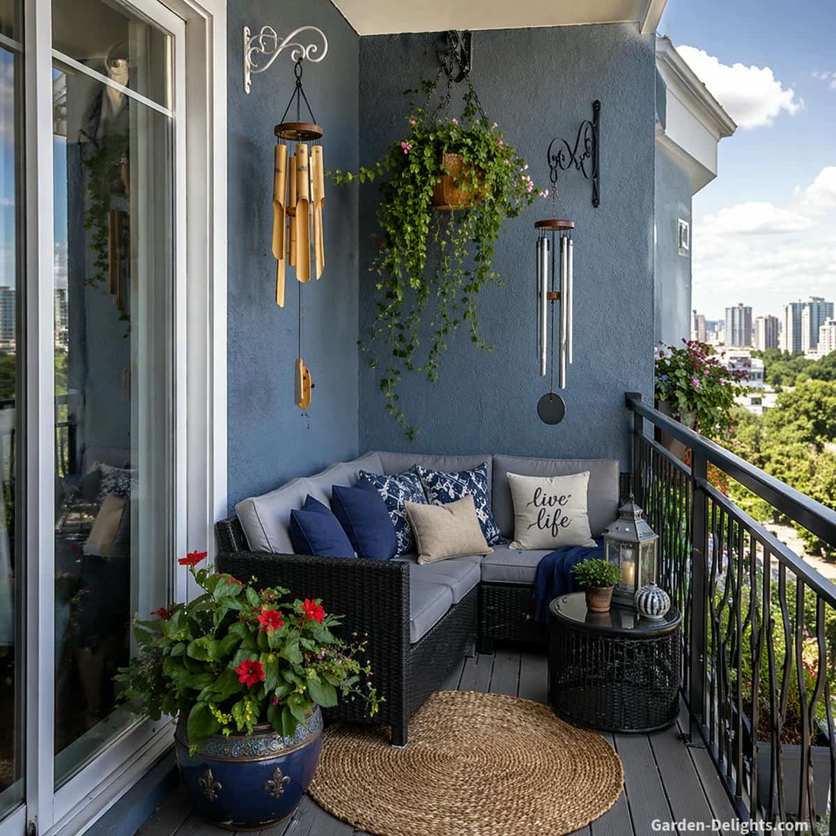holiday wind chimes hanging from decorative cast iron hooks on a blue wall balcony, natural breeze flowing through railing creating soft movement in metal and bamboo chimes, black wicker corner seating with light grey cushions and blue beige pillows, one pillow reading live life, blue decorative planter with green and red accents, calm outdoor space with balanced airflow and relaxing daily ambiance