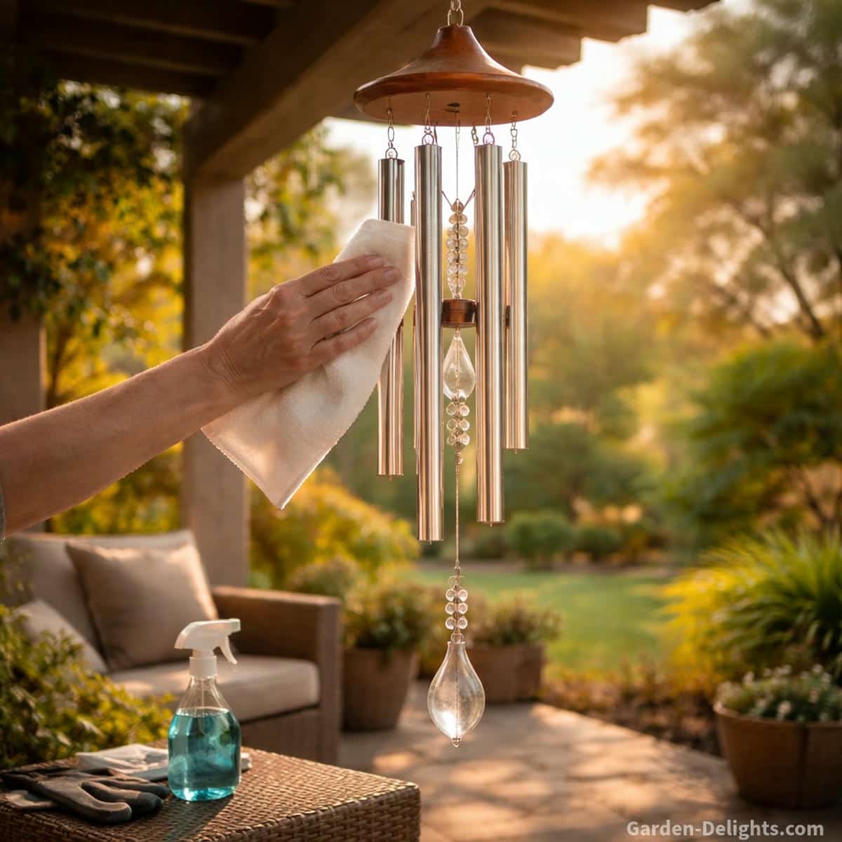 holiday wind chimes being gently cleaned and adjusted on a patio, symbolizing care, balance, and long term harmony, soft sunlight reflecting on metal and glass chimes, placed in a natural airflow path to support smooth movement, clear tone resonance, and a calm outdoor environment through seasonal weather changes