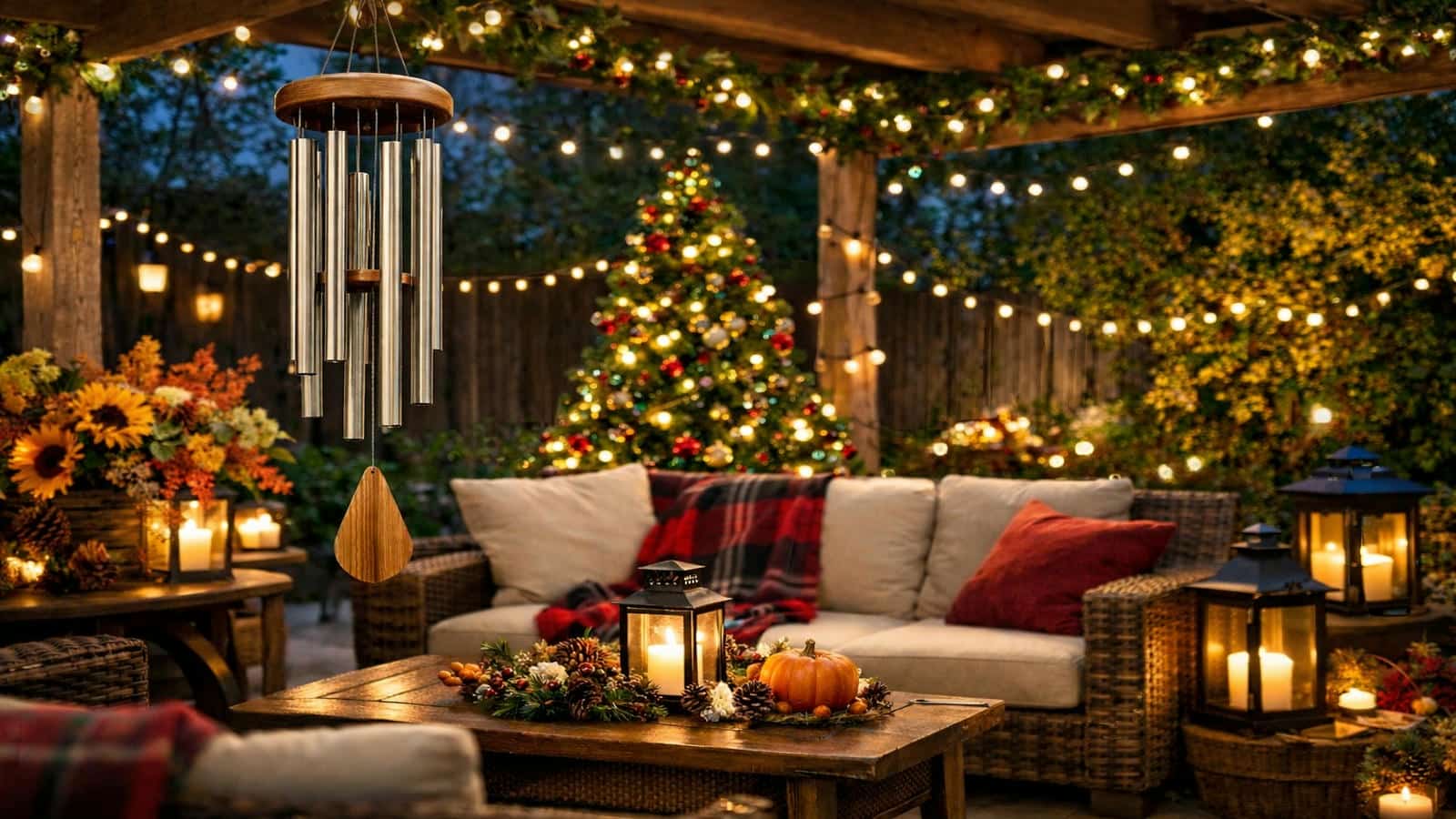 holiday wind chimes decor styled on a covered porch patio with warm LED lighting, subtle seasonal accents, and soft airflow creating gentle movement and calming resonance, blending christmas lights, fall textures, and festive outdoor ambiance
