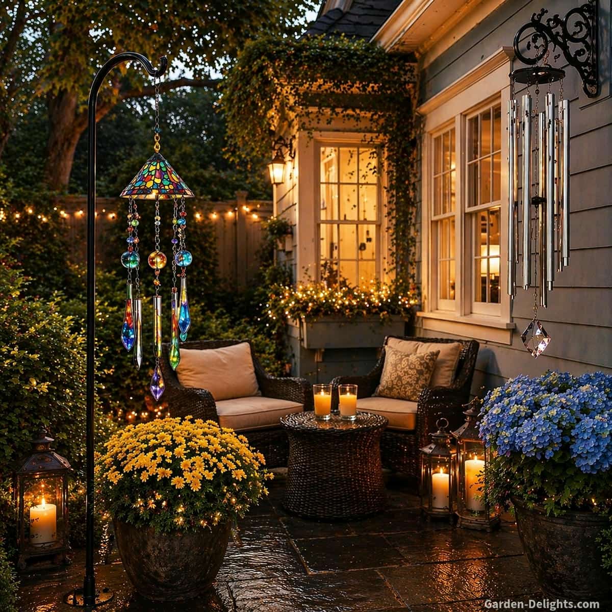 holiday wind chimes decor at dusk with candlelight and porch lighting, aluminum and stained glass chimes reflecting warm flicker glow, soft airflow creating gentle sway, peaceful patio setting with relaxed evening atmosphere