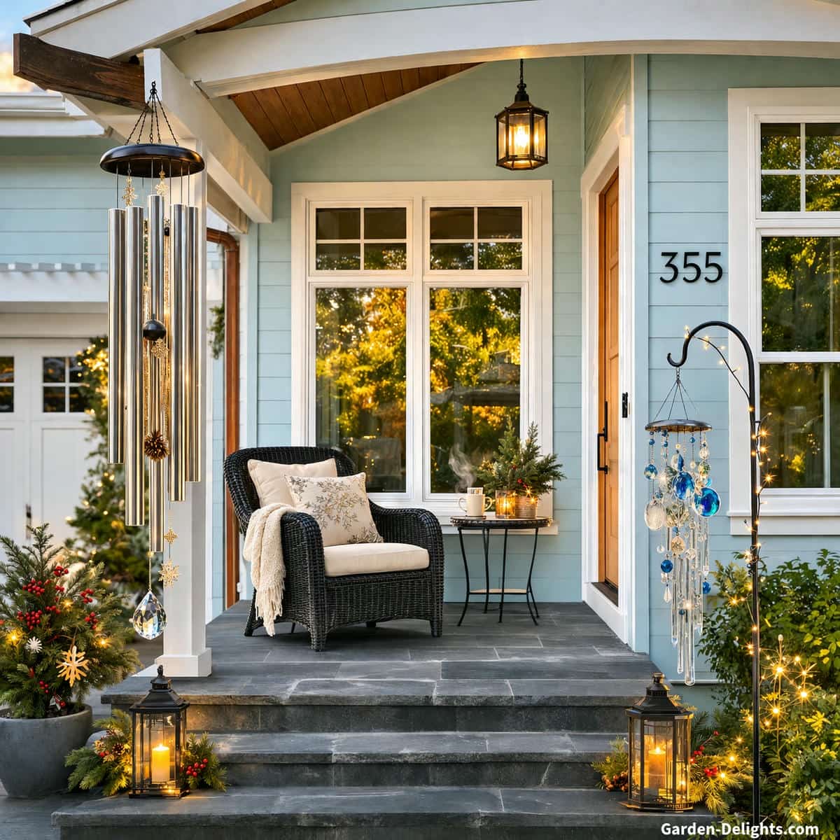 holiday wind chimes decor hanging on a light blue front porch with white trim, long aluminum wind chimes near the entryway and a second decorative glass wind chime on a shepherd hook beside a black wicker chair, soft airflow creating gentle sound, warm porch lighting reflecting off metal and glass surfaces, creating a calm welcoming atmosphere with balanced Feng Shui energy and relaxed outdoor ambiance