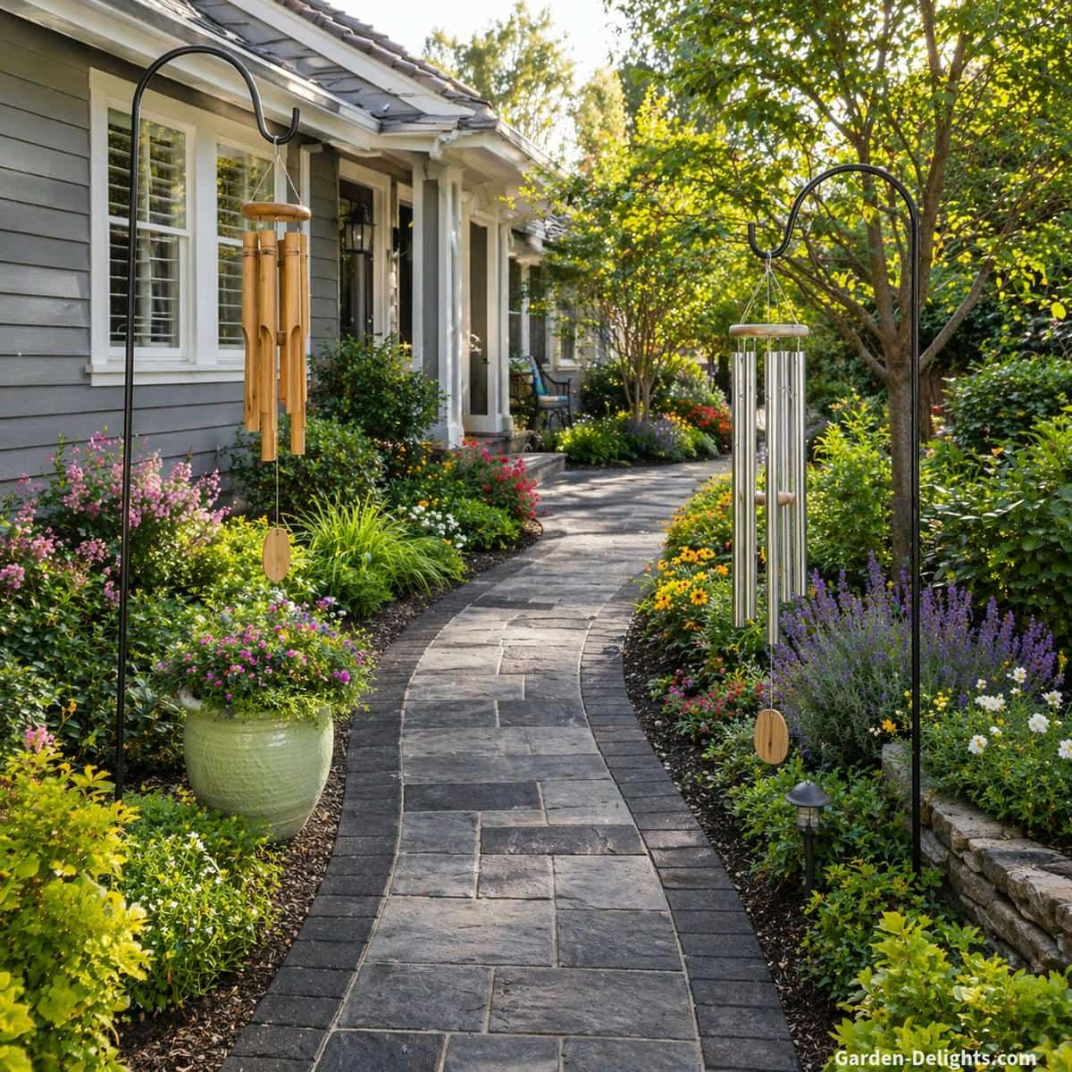 holiday wind chimes along a black and grey stone garden pathway with shepherds hooks, bamboo wind chimes on one side and aluminum chimes on the other, soft airflow creating gentle balanced sound, medium grey house with white trim, light green planter and flowering garden borders enhancing calm outdoor ambiance