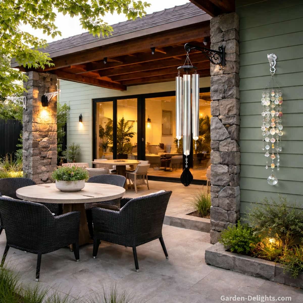 modern minimalist patio wind chimes decor with sleek aluminum chimes and crystal glass accents hanging near a wall, bright natural light reflecting across surfaces, gentle airflow creating soft movement, clean outdoor styling with natural spacing, calm energy flow, and a peaceful refined atmosphere
