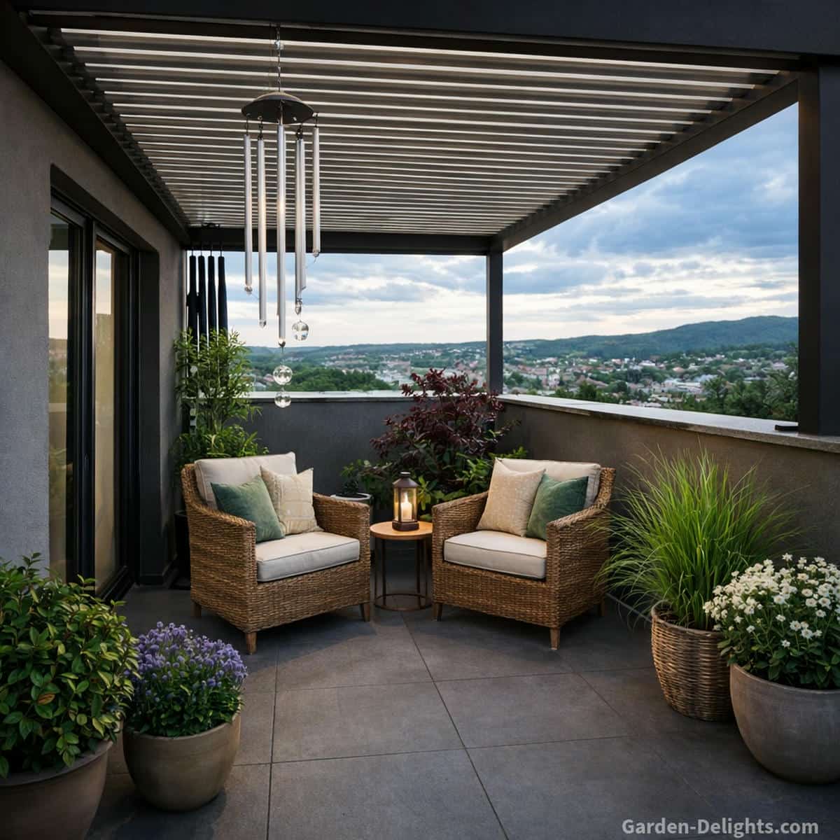 outdoor holiday wind chimes decor in a bright pergola balcony setting with detailed wicker chairs, glass wind chime centerpiece, black aluminum wind chimes in the background, soft natural airflow creating gentle sound, and a calm balanced outdoor atmosphere with seasonal daylight ambiance