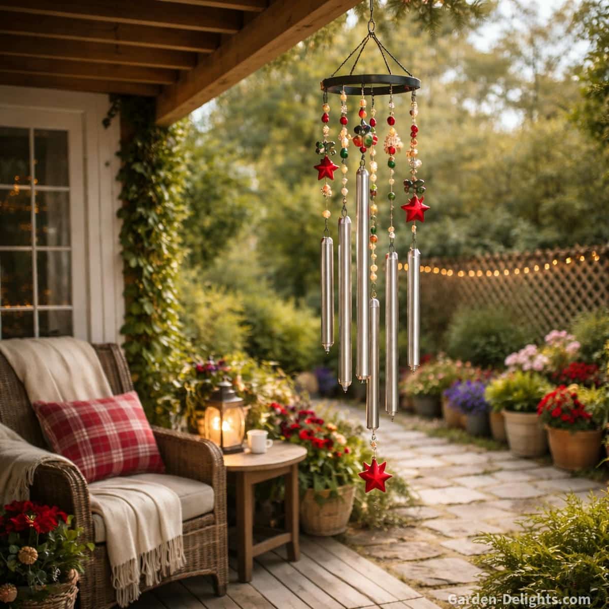 holiday wind chimes repositioned near patio edge with improved airflow exposure, steady breeze creating smooth movement, balanced tone clarity, and consistent outdoor sound behavior in a calm seasonal setting