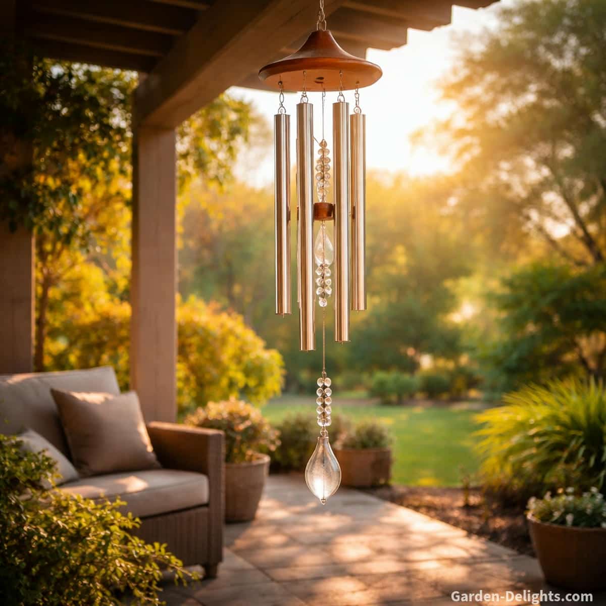 holiday wind chimes gently moving in a calm patio setting with soft seasonal light, symbolizing balance, emotional calm, and steady airflow alignment, clean metal and glass chimes reflecting warm tones, placed in an open airflow corridor to support smooth motion, soft sound clarity, and peaceful outdoor ambiance throughout changing seasons