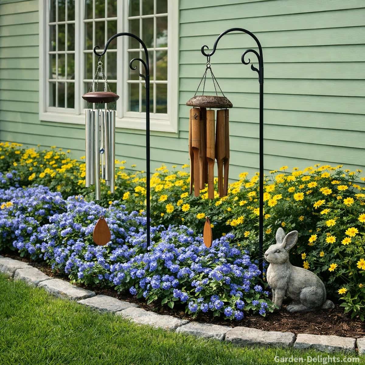 wind chimes placed on shepherd hooks in garden bed with open airflow spacing creating smooth movement and balanced sound