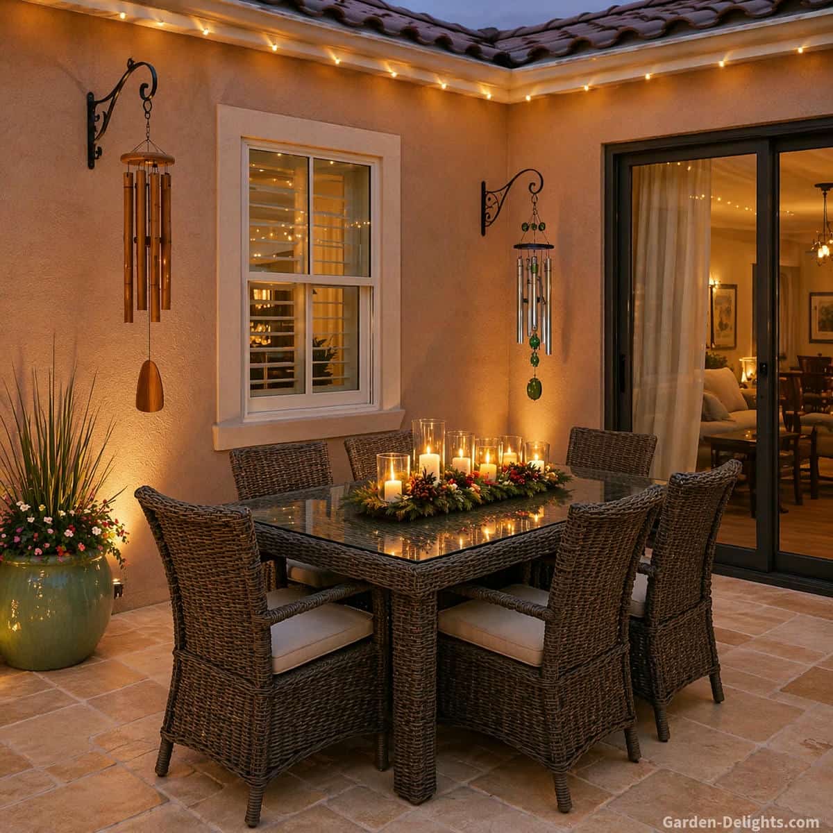 holiday wind chimes decor above wicker dining table with candlelight centerpiece, bamboo and aluminum chimes moving in soft airflow, warm LED lighting creating visible motion and cozy outdoor dining ambiance