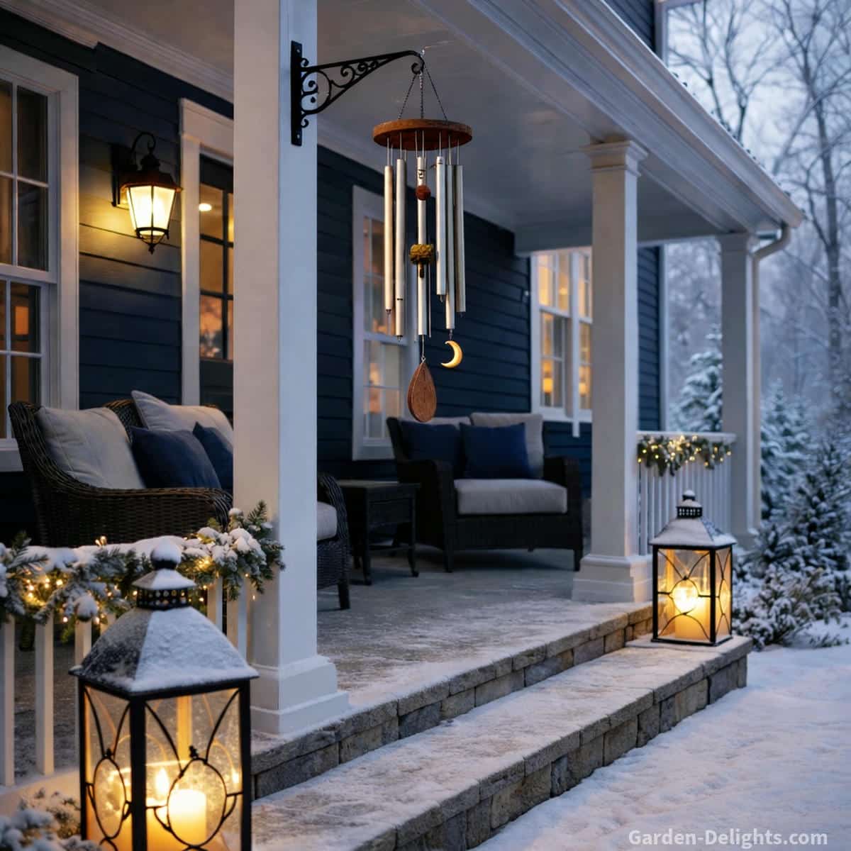 holiday wind chimes on winter porch with soft lighting and gentle airflow creating calm spaced sound and cozy entryway feel